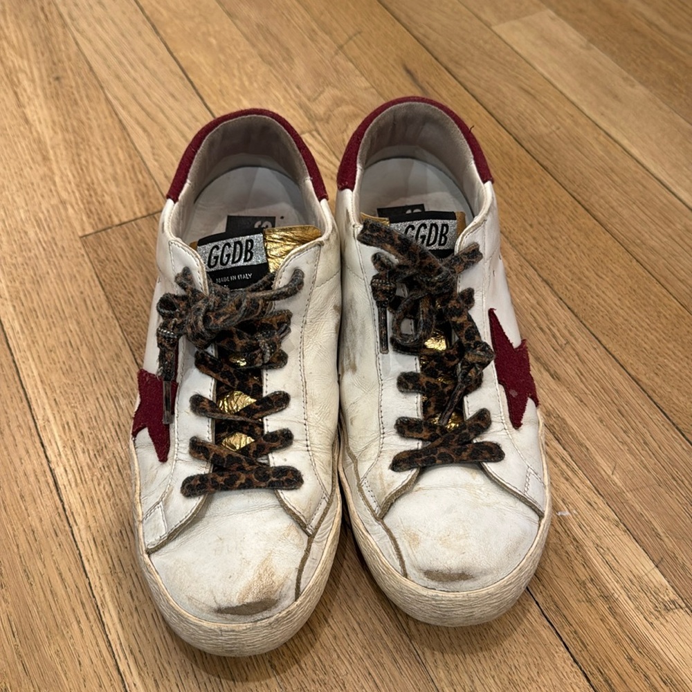 Golden goose white leather size 39 leopard laces burgundy star